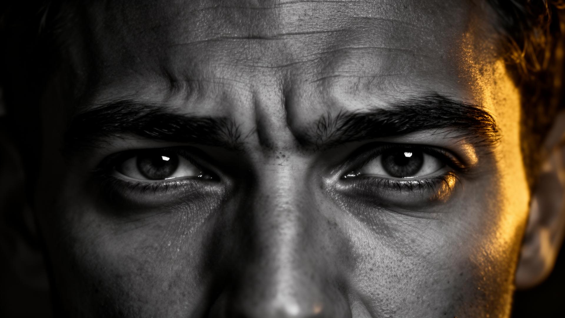 Close-up of intense masculine eyes with positive canthal tilt — guide to hunter eyes and canthal tilt