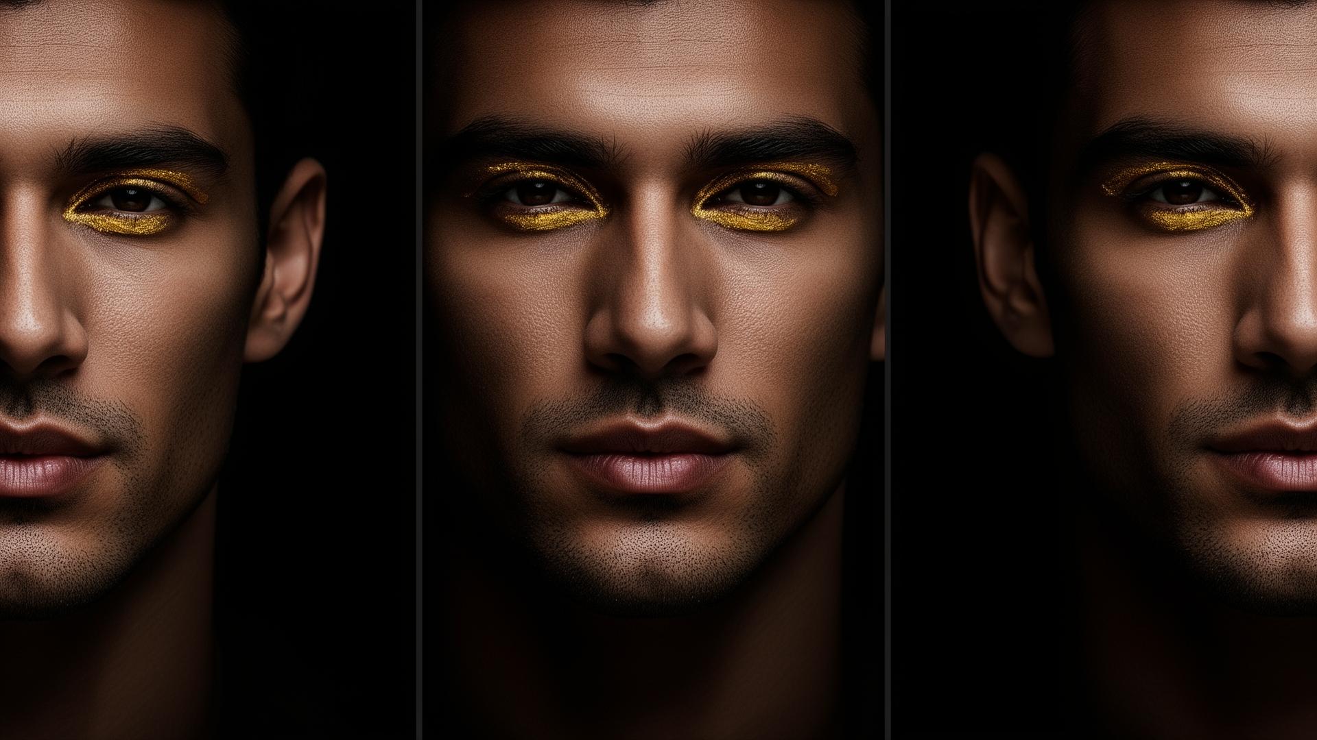 Editorial comparison cover for Handsome AI vs Umax vs Looksmax AI with three masculine portrait panels and dramatic gold-accented eye lighting